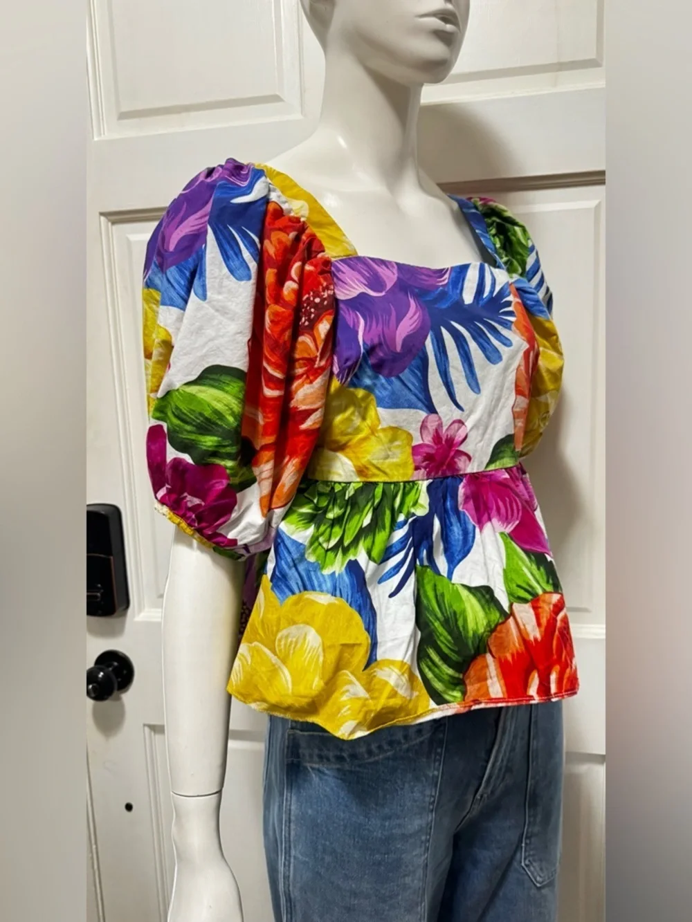 Farm Rio Boho Rainbow Chita Empire-Waist puff Sleeve Blouse Size Small